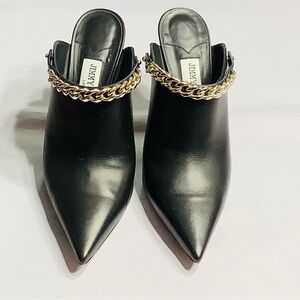 Jimmy Choo Black Leather Mules with Gold Chain